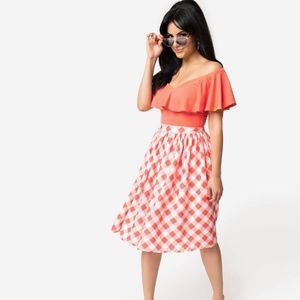 Unique Vintage 2X Plus Size Coral/Peach Gingham Skirt